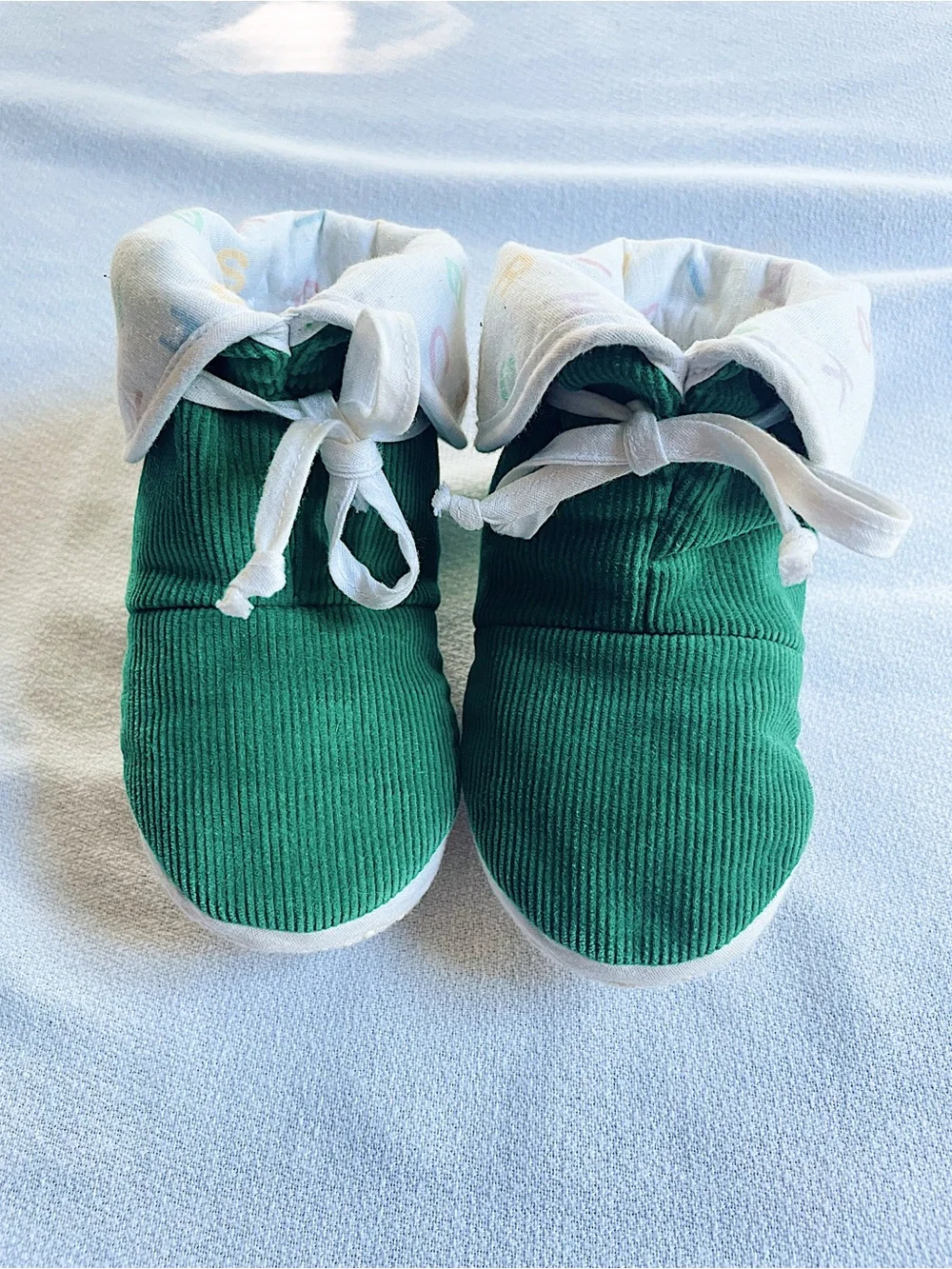 VINTAGE HANDMADE 50s 60s 70s Booties Green Corduroy Alphabet Baby Slippers